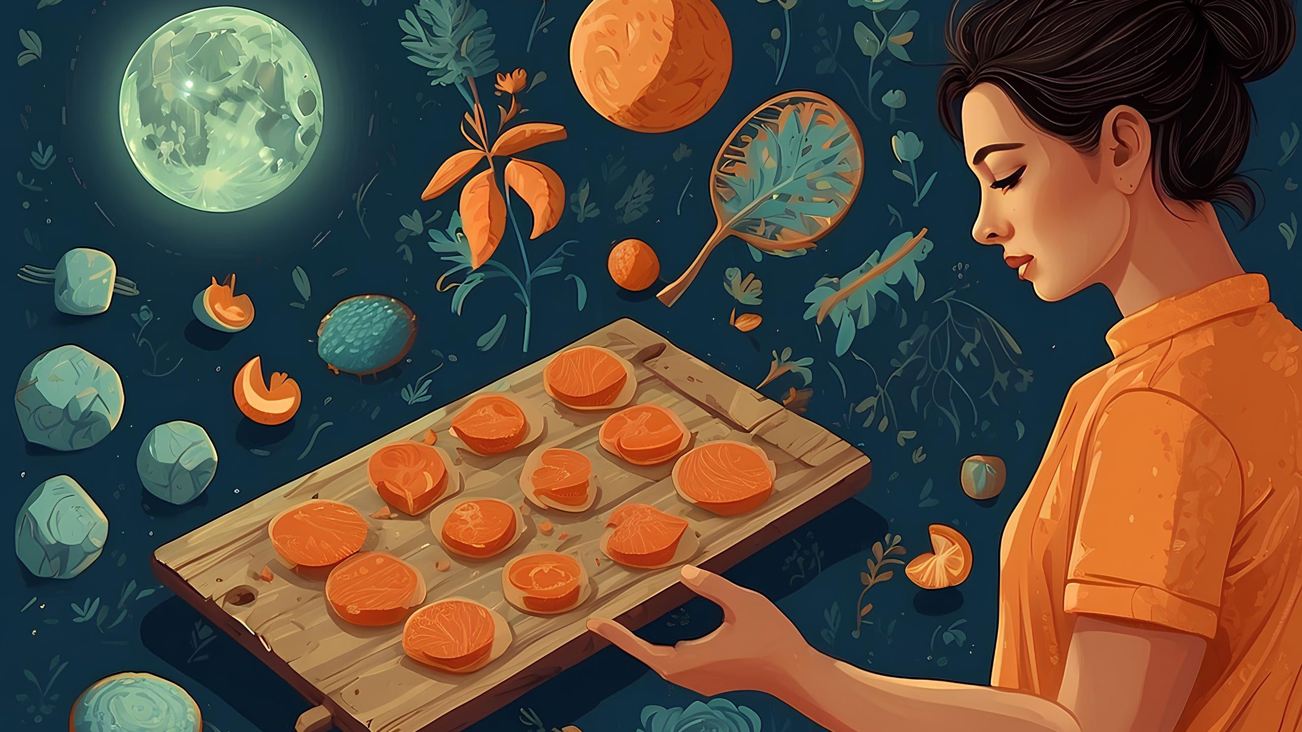Ilustración de una mujer eligiendo alimentos con colágeno