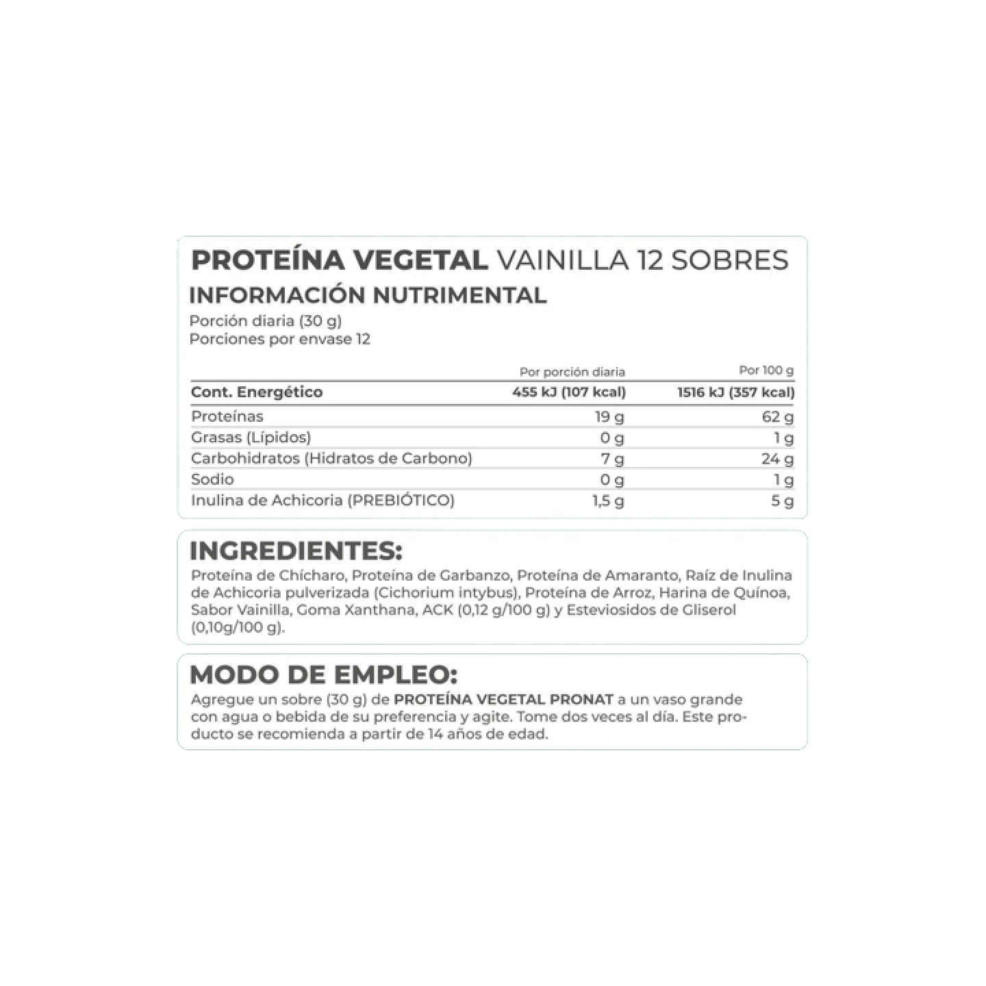 Proteína Vegetal Sabor Vainilla, Caja con 12 sobres de 30 gramos