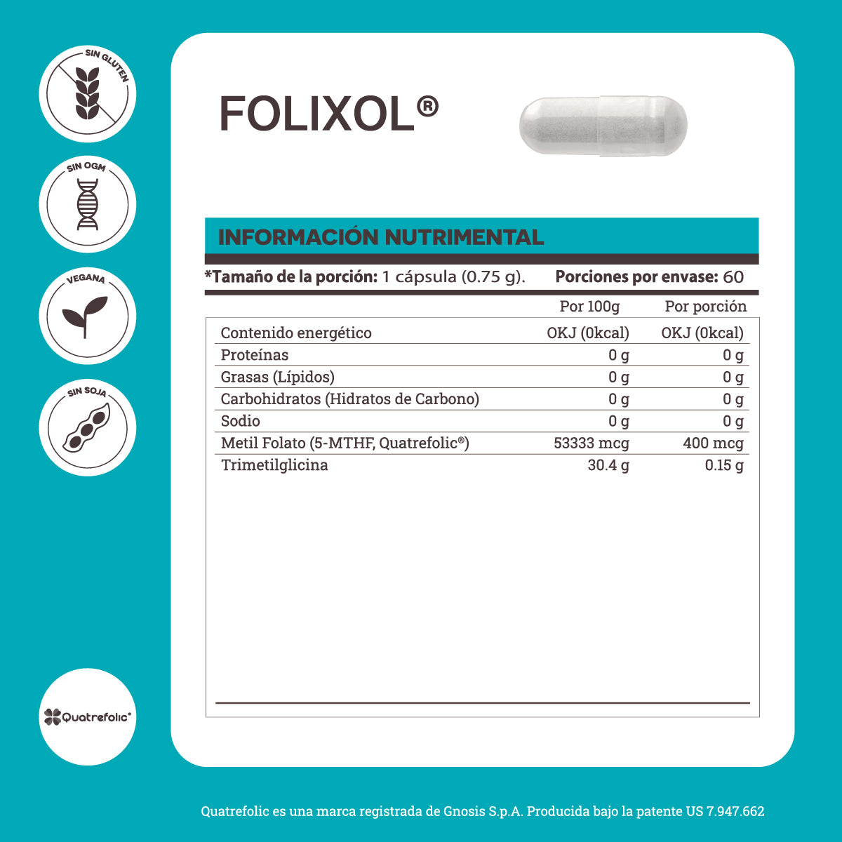 Folixol | Folato QUATREFOLIC®-5-MTHF Matter (60 cápsulas)